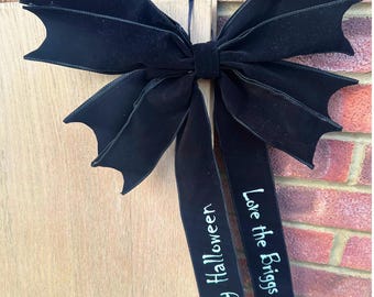 Personalised Black Bat Velvet Bow, Handmade Halloween Decor