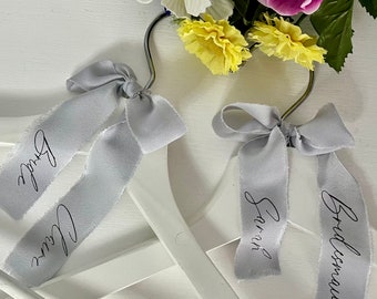 Silk Ribbon Wedding Hanger Bows, Dress Name Tags, Personalised Ribbon with Name and Wedding Role, White Hanger Bows, 30+ Colours Available,