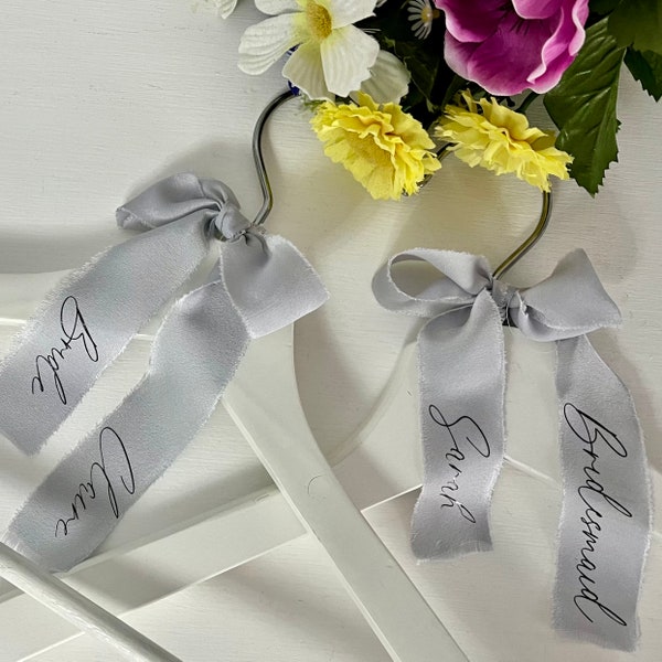 Silk Ribbon Wedding Hanger Bows, Dress Name Tags, Personalised Ribbon with Name and Wedding Role, White Hanger Bows, 30+ Colours Available,