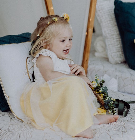 Lemon Lace and Tulle Flower Girl Dress With Matching Silk Sash available in over 35 colours by Matchimony Lemon Lace and Tulle Flower Girl Dress With Matching Silk Sash available in over 35 colours by Matchimony
