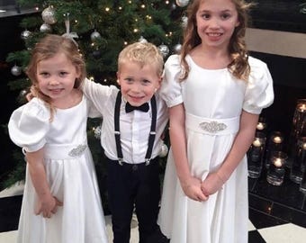 Handmade Ivory Flower Girl Dress, Silk Satin, Puff Sleeves, Child Wedding Dress
