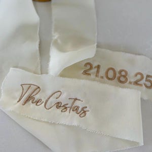 Embroidered Silk Wedding Bouquet Ribbon: Personalised Bridal Keepsake