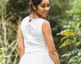 Lace Top Braut Brautjungfer Hochzeit Trennt, Elfenbein überbacken Rand, Seide gefüttert, 4 Ärmel & 2 Längenoptionen abgeschnitten oder lang UK Größen 6-30