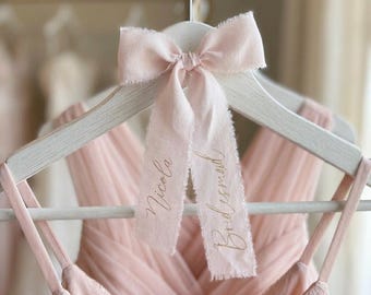 Personalised Pink Silk Ribbon Wedding Hanger Bows: Custom Dress Name Tags