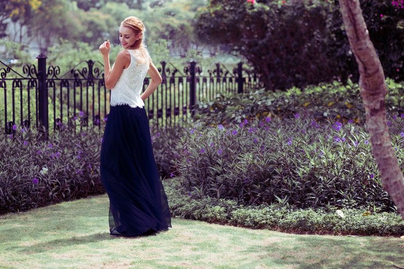 Bridal Tulle Skirt and Lace Top, Wedding Maxi Skirt, Silk Lined, Sleeveless Cropped Top, Bridal Separates, Boho, Festival Wedding, Sizes6-30 image 8