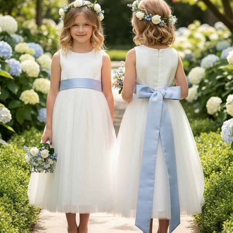 white bridesmaid dresses with blue sash Light Satin Flower Girl Sash: Personalised Child Wedding Accessory Scoop neckline with two