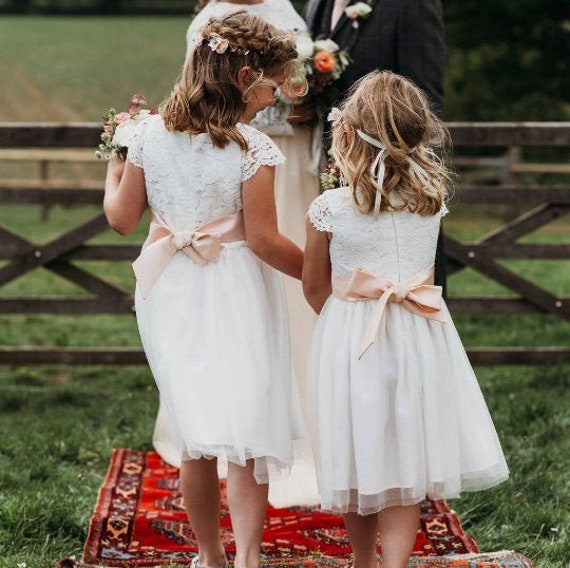 White Lace and Tulle Flower Girl Dress With Silk Sash