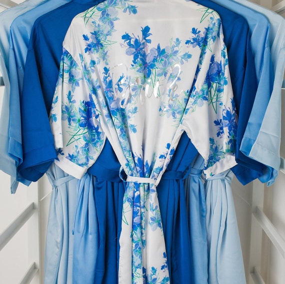 Blue Floral Satin Robe: Personalised Bridesmaid Dressing Gown