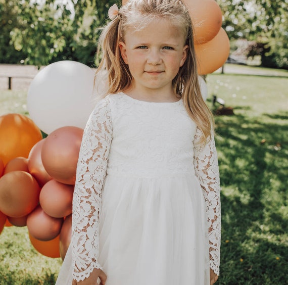 Dress for Flower Girl Junior Bridesmaid Long Sleeve Lace and