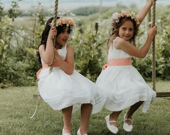 Dress for Flower Girl, Junior Bridesmaid, Sleeveless Chiffon Dress Pleats & Ribbon Details, Optional Sash, Wedding Child Clothing