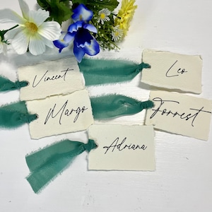 Personalised Wedding Place Cards, Raw Edge Paper, Hand Frayed Ribbon, Escort Cards, Place Markers, Name Tags
