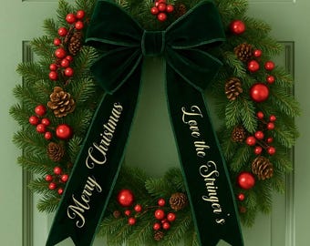 パーソナライズされたベルベットのクリスマスリースリボン：ツリートッパーリースデコレーション
