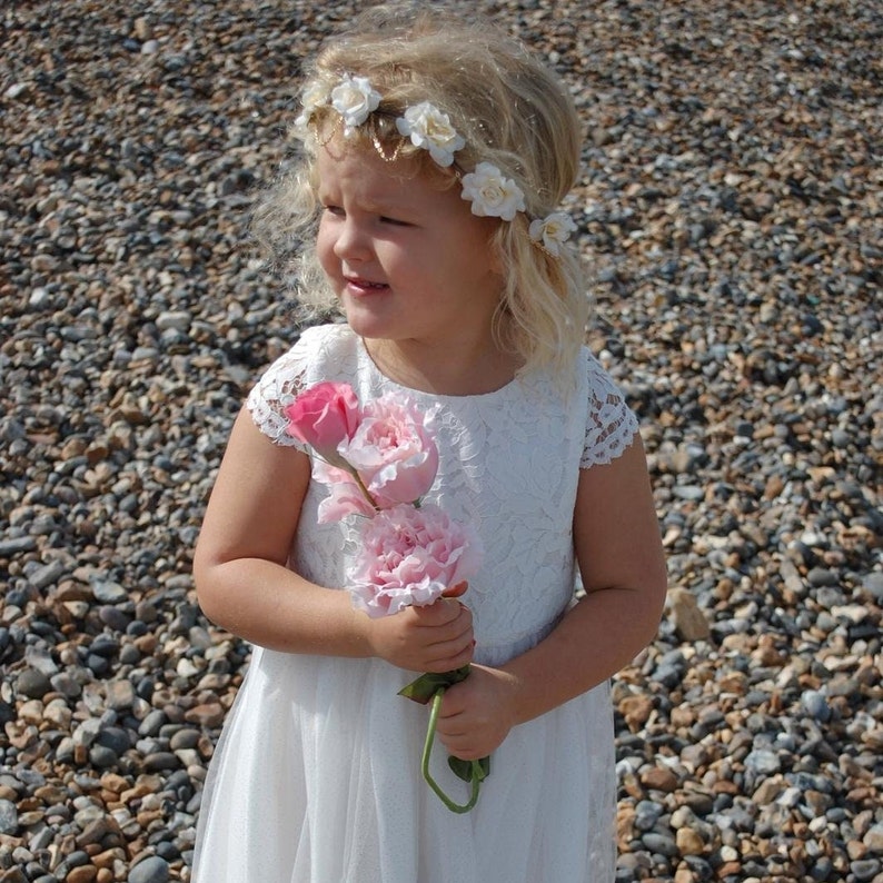 Dress for Flower Girl Junior Bridesmaid, Girl's Ivory Wedding Dress White Lace Top with Tulle Skirt Ages 1-12 Optional Sash, Child clothing image 3