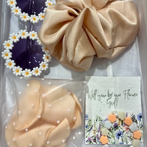 Confezione regalo proposta da ragazza di fiori con champagne, damigella d'onore junior, scatola Sii la nostra ragazza di fiori, petali, braccialetto, occhiali da sole, elastico, nota di carta di semi