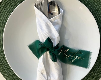 Ribbon Napkin Ties Personalised, Optional White Cotton Napkins Perfect for Weddings, Dinner Parties, Christmas, New Years Eve Table Decor