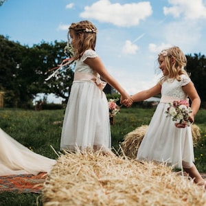 Dress for Flower Girl Junior Bridesmaid, Girl's Ivory Wedding Dress White Lace Top with Tulle Skirt Ages 1-12 Optional Sash, Child clothing image 2