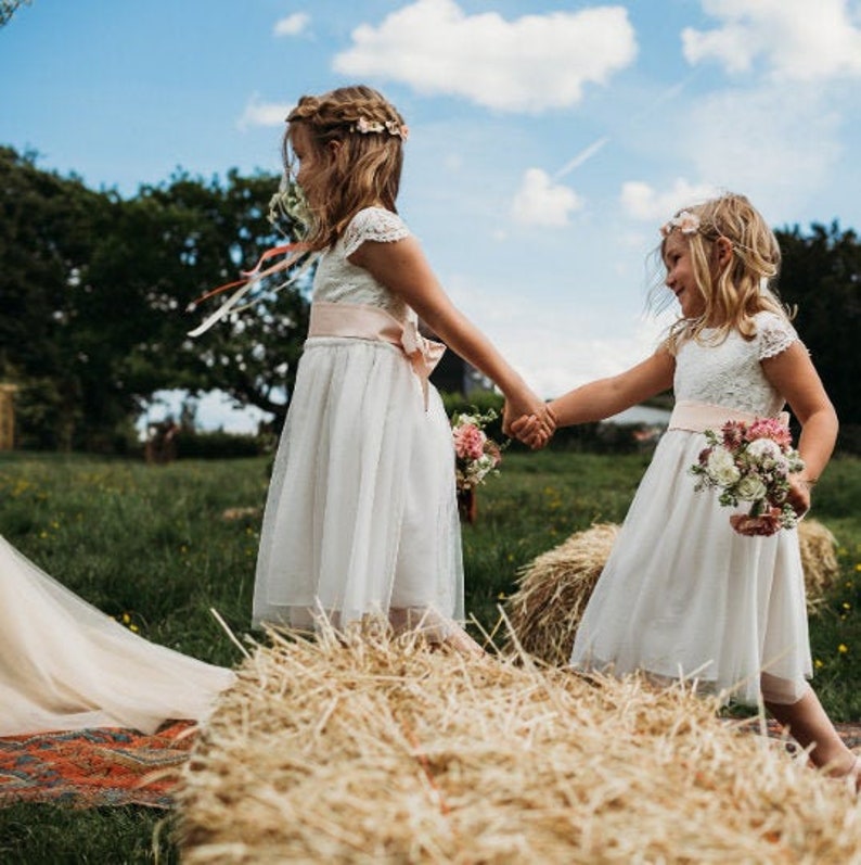 Dress for Flower Girl Junior Bridesmaid, Girl's Ivory Wedding Dress White Lace Top with Tulle Skirt Ages 1-12 Optional Sash, Child clothing image 2