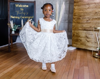 CLEARANCE HALF PRICE Luxury Lace Flower Girl Dress, 3D Floral Embellished, Sleeveless, V Back, Puffy Skirt Child Wedding Clothing