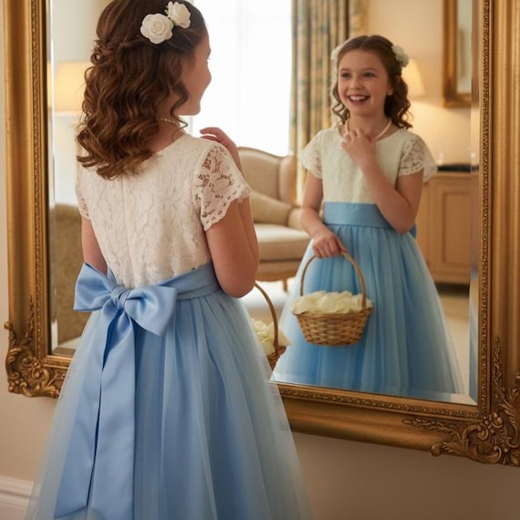 Powder Blue Flower Girl Sash: Personalised Child Wedding Belt
