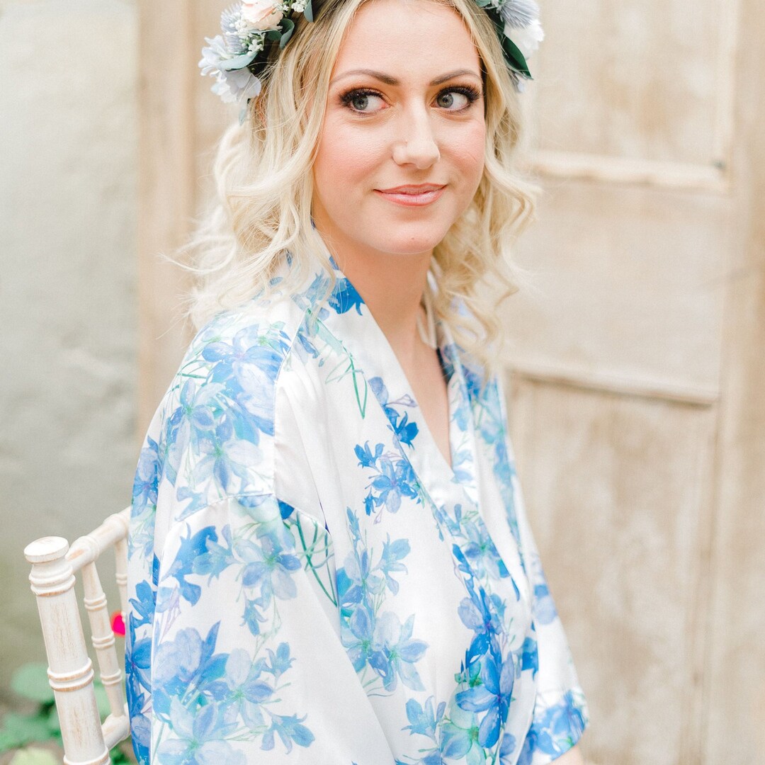 Luxury Blue Floral Dressing Gown Personalised Below Knee Ladies Robe