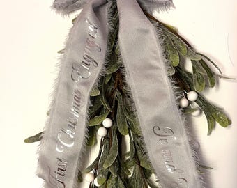 Newly Engaged Christmas Gift, Personalised Silk Bow on Glitter Mistletoe