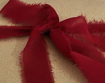 Ruby Red Chiffon Ribbon Frayed Edges, Wedding Ribbon , Flat Lay Photos Sold in 1 metre lengths