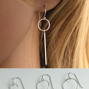 Circle Bar Dangle Earrings, Silver Drop Earrings, Skinny Bar Earrings, Dainty Earrings Bar Earrings, Minimalist Jewelry Gift Mom, Her