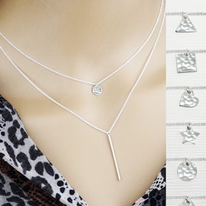 Round Disk Pendant Silver Necklace, Dainty Heart , Star, Triangle, Charm Necklace, Minimalist Jewelry Gift For Her, Best Friend, Sisters