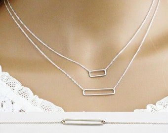 Outline Bar Necklace, Rectangle Necklace, Horizontal Bar Pendant Necklace, Silver Dainty Minimal Skinny Bar, Delicate Layered Drop Necklace