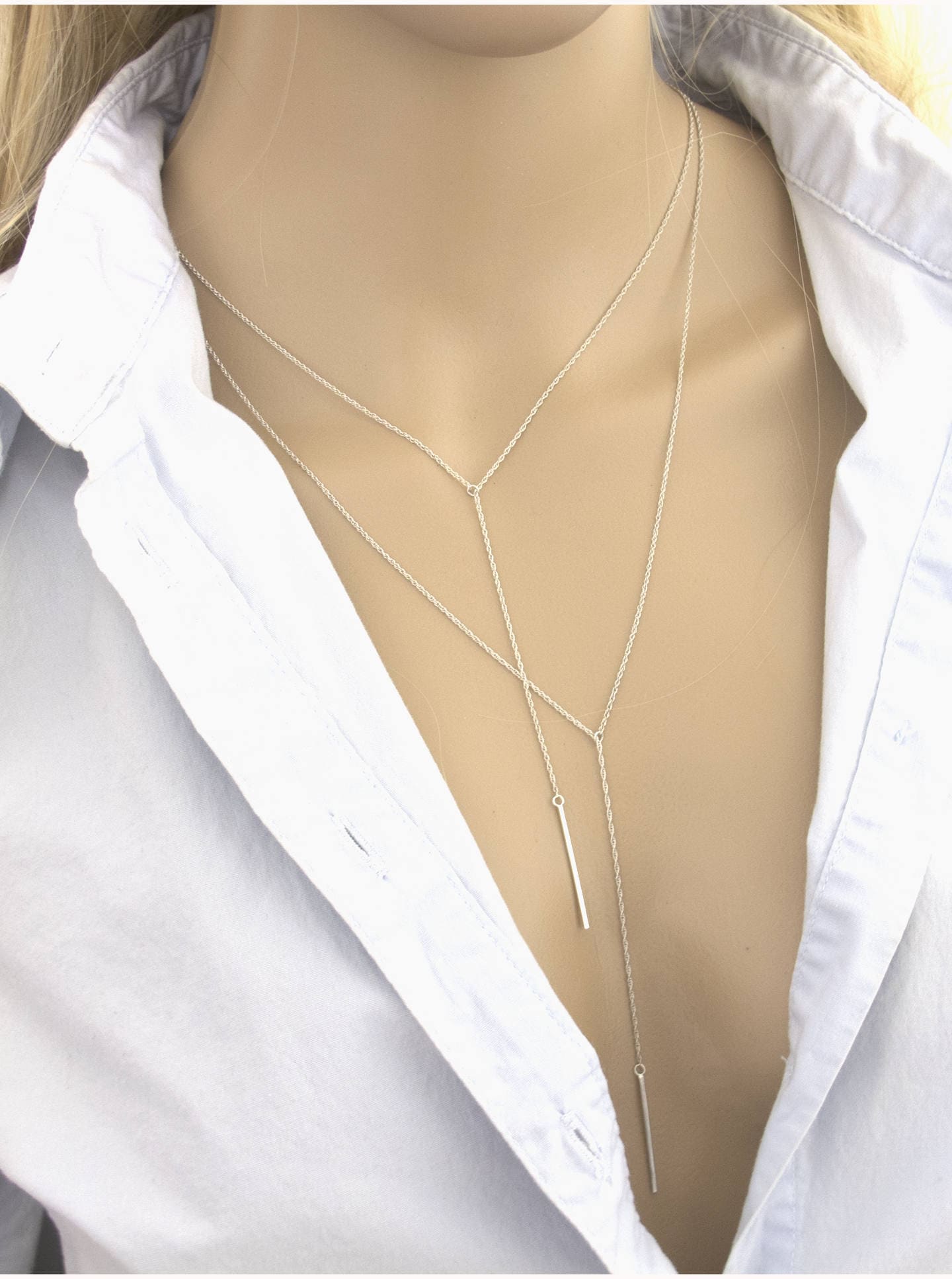 Lariat necklace, Dainty bar necklace, Layered necklace, Bar lariat necklace, Sterling silver, Minimalist jewelry, Delicate Y, Gift for wife