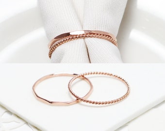 Super Thin Rose Gold Ring Set Of 2, Gold Rings For Women, Faceted, Twist, Thumb Ring, Dainty 14K Rose Gold Filled Ring, Jewelry Gift For Mom