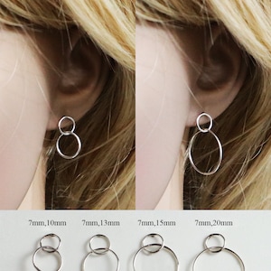 May include: Four pairs of silver double hoop earrings in different sizes. The earrings are shown on a white background with the measurements 7mm, 10mm, 7mm, 13mm, 7mm, 15mm, and 7mm, 20mm.