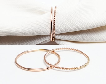 Super Thin Rose Gold Ring Set Of 2, Thumb Rings For Women, Twist, Boho Ring, Dainty Minimalist Delicate 14K Rose Gold Filled Stacking Ring