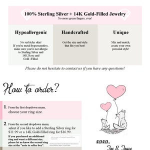 Puede incluir: Una ilustraci&oacute;n gr&aacute;fica rosa y blanca de dos zorros sosteniendo globos en forma de coraz&oacute;n rosa. El texto "xoxo, Joe & Joyce" y el sitio web "www.stackedlayeredshine.etsy.com" est&aacute;n debajo de la ilustraci&oacute;n. El texto "&iquest;C&oacute;mo ordenar?" est&aacute; en la parte superior de la imagen. La imagen tambi&eacute;n incluye informaci&oacute;n sobre c&oacute;mo pedir joyas artesanales de plata de ley y oro de 14 quilates.