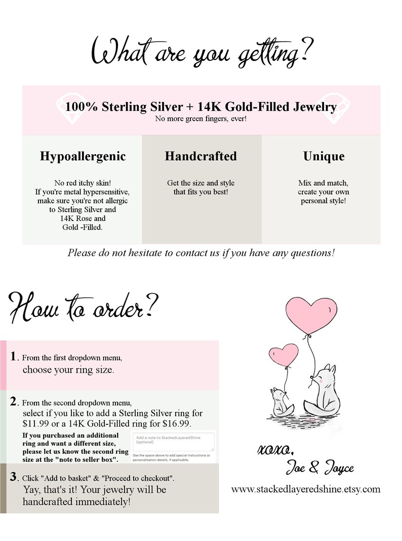 Puede incluir: Una ilustraci&oacute;n gr&aacute;fica rosa y blanca de dos zorros sosteniendo globos en forma de coraz&oacute;n rosa. El texto "xoxo, Joe & Joyce" y el sitio web "www.stackedlayeredshine.etsy.com" est&aacute;n debajo de la ilustraci&oacute;n. El texto "&iquest;C&oacute;mo ordenar?" est&aacute; en la parte superior de la imagen. La imagen tambi&eacute;n incluye informaci&oacute;n sobre c&oacute;mo pedir joyas artesanales de plata de ley y oro de 14 quilates.