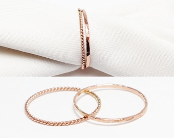 Super Thin Rose Gold Ring Set Of 2, Thumb Rings For Women, Hammered , Twist, Boho Ring, Dainty Delicate 14K Rose Gold Filled Stacking Ring