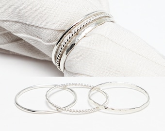 Thin Silver Ring Set Of 3 Stacking Rings For Women Textured Ring Twist Ring Hammered Ring Boho Ring Delicate Dainty Ring Minimalist Ring