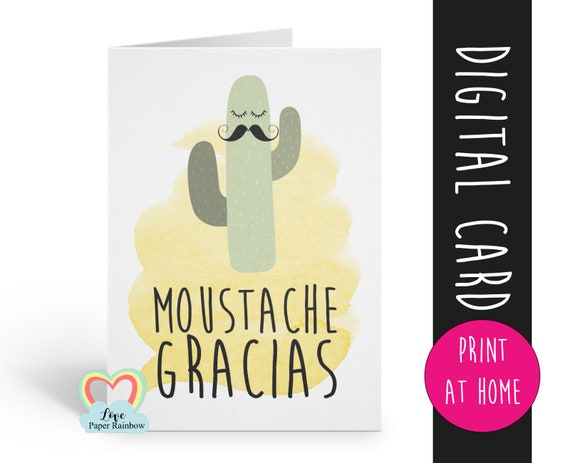 PRINTABLE thank you card funny thanks card teacher appreciation moustache gracias cactus