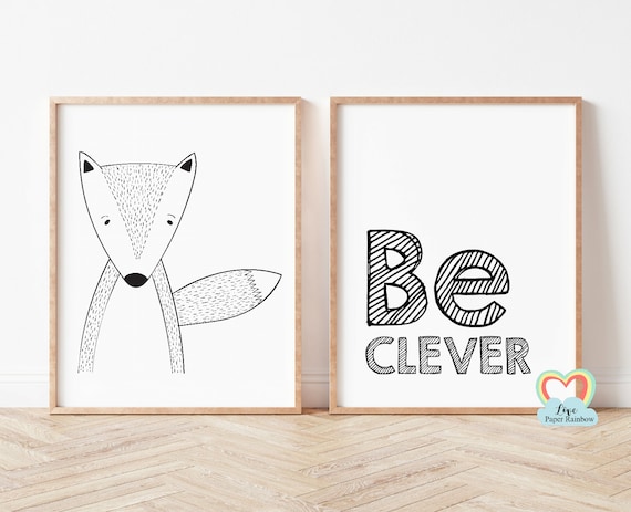 be clever nursery print, fox nursery print, black and white nursery prints, nursery quote, baby boy gift, be clever fox, cute nursery art