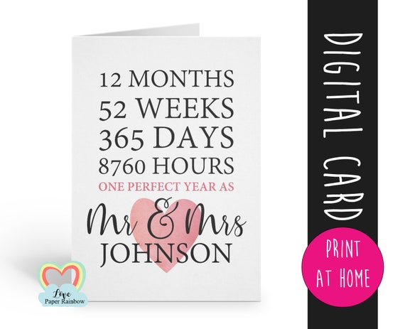 anniversary card printable | 1st anniversary printable | custom anniversary card | personalised | Mr and Mrs printable | one perfect year