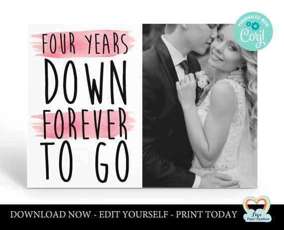 personalized 4th anniversary card template 4th anniversary printable card 4 years down forever to go instant download 4th anniversary gift