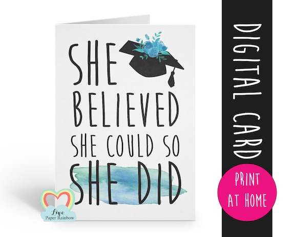 graduation card printable, class of 2019, she believed she could so she did, graduation card digital download, graduation printable