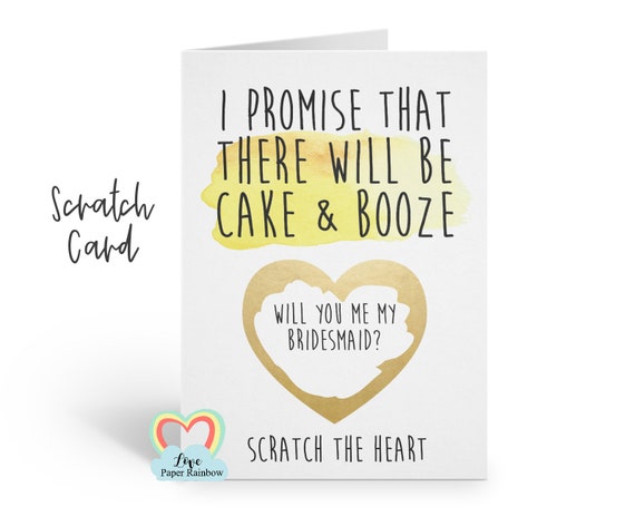 will you be my bridesmaid scratch card, will you be my maid of honour scratch card, I promise there will be cake and booze, funny