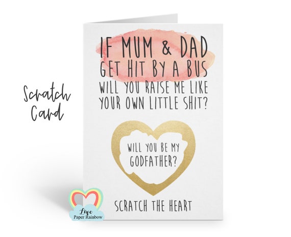funny godmother card, godmother scratch card, godfather scratch card, hit by a bus, will you be my godparents, rude godmother card