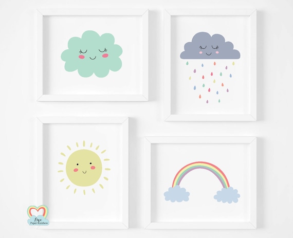weather prints, cute nursery prints, rainbow print, pastel nursery prints, new baby gifts, set of 4 nursery prints, neutral nursery prints