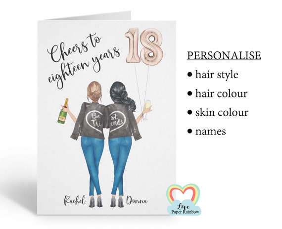 best friend 18th birthday card, personalised 18th birthday card, cheers to 18 years, personalised best friend birthday card, portrait card