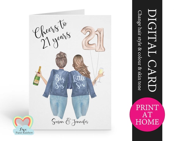 personalized 21st sister birthday card printable cheers to 21 years digital pdf custom little sister 21st printable card print at home