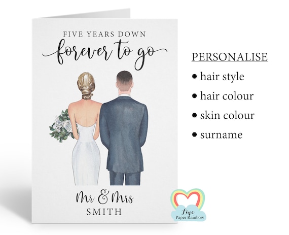 personalised 5th wedding anniversary card, personalised anniversary card, 5 years down forever to go, personalised couples card, mr and mrs