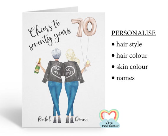 best friend 70th birthday card, personalised 70th birthday card, cheers to 70 years, personalised best friend birthday card, portrait card