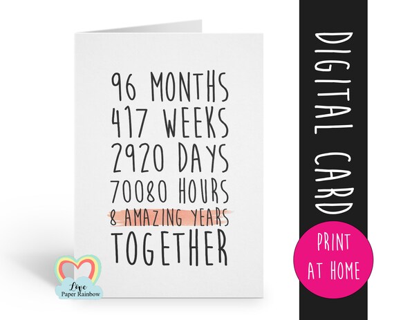 PRINTABLE 8th anniversary card, 8th wedding anniversary card, 8 years together, 8 amazing years, gay anniversary card, valentines card,